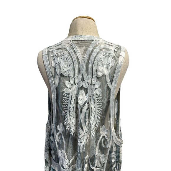 Origami By Vivian Womens Sz XL/L Sheer Lace Vest Draped Hem & Embroidered Detail - Picture 4 of 13